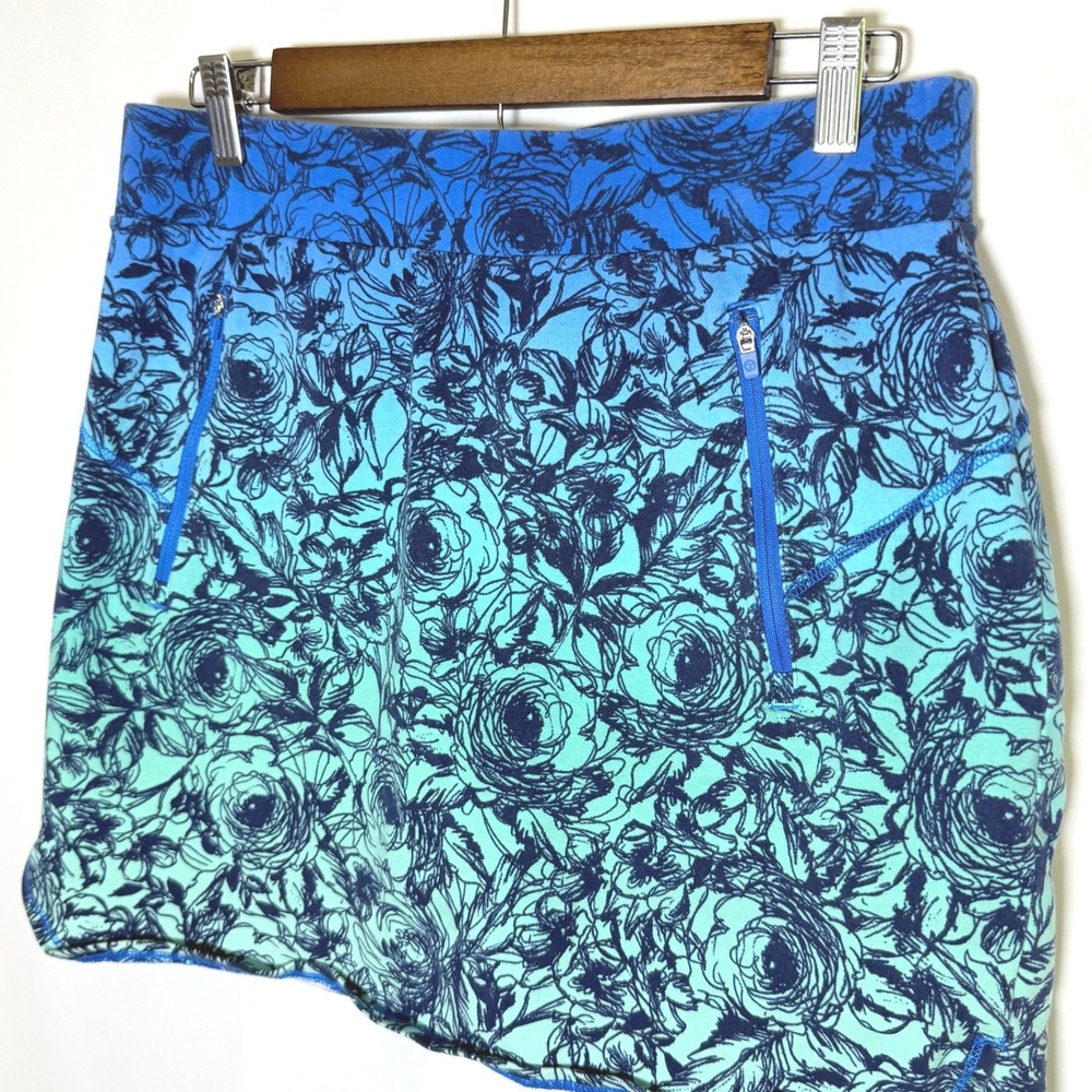 T by Talbots Blue Green Floral Ombre Athletic Skort Womens Medium Zipper Pockets